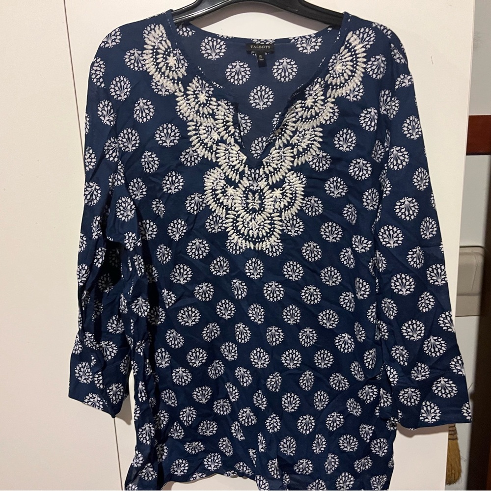 Talbots Navy and Cream Embroidered Blouse